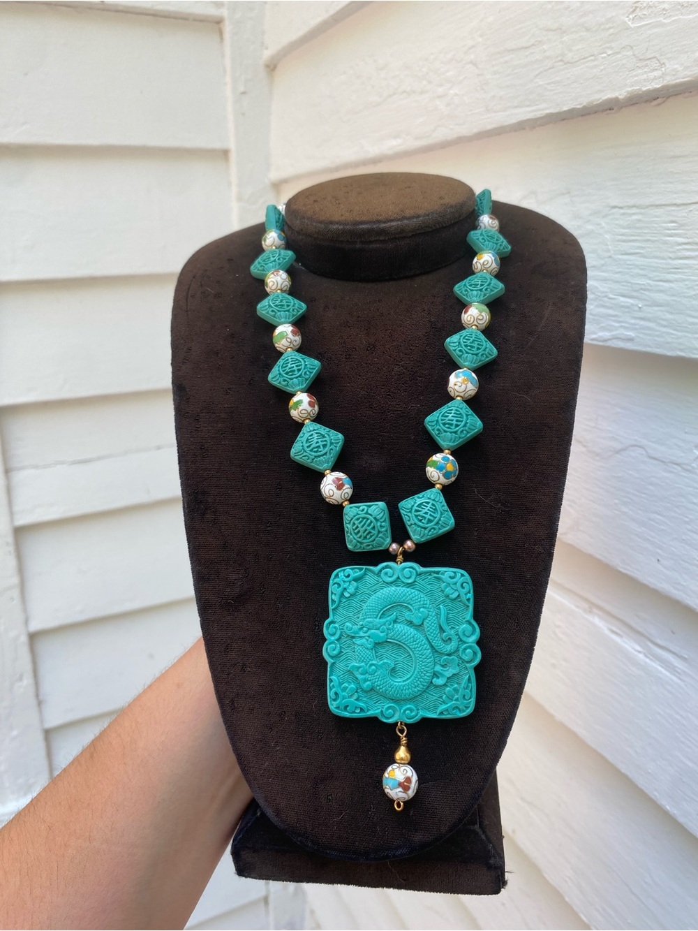 Handcrafted Carved Turquoise f Cinnabar Dragon Pendant, Shou, Cloisonné Necklace - Picture 3 of 15